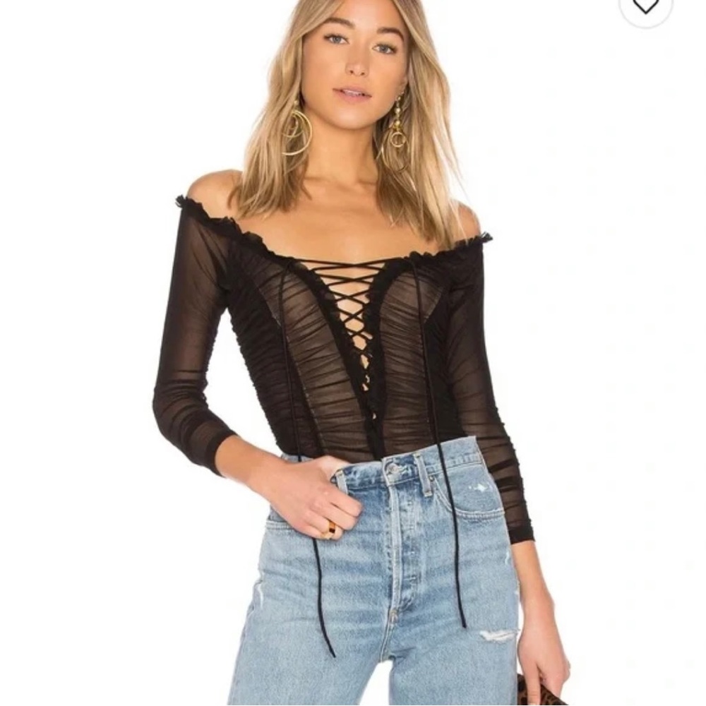 Majorelle Ruched Lace up body suit - black XS
